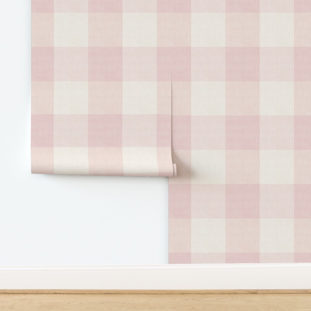 Pink Plaid Faux Linen Gingham Large Scale Classic Traditional Country Farmhouse Cottagecore Cream Off-White Custom Pre-pasted Wallpaper by Spoonflower Pre-Pasted Wallpaper 2FT Wide