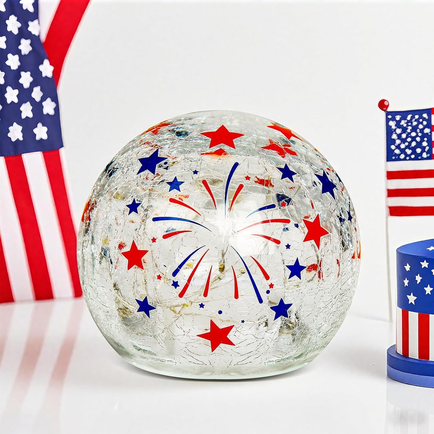 4th of July Decorations - Crackle Glass Ball Light with Timer - Red White Blue LED Tabletop Decor
