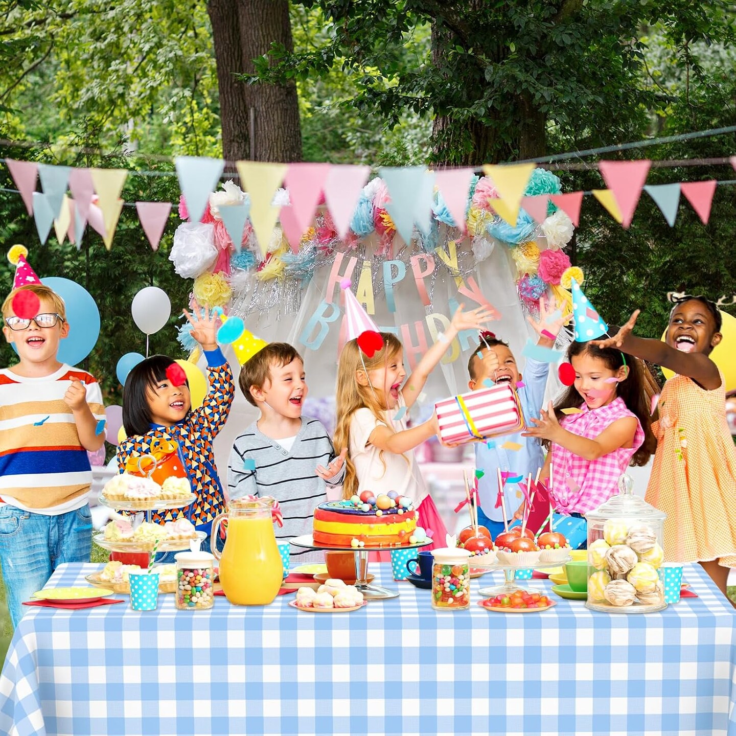 3 Pcs Light Blue Gingham Tablecloth