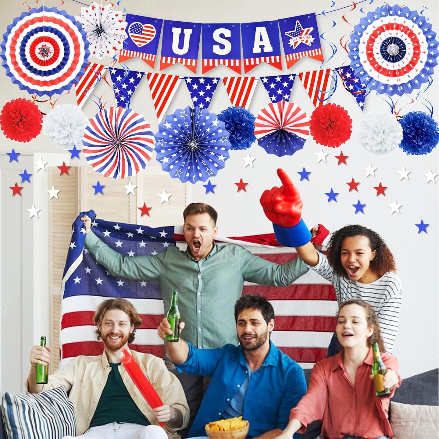 27 Pieces 4th of July Decorations Set, Red White Blue American Flag Hanging Honeycomb Paper Fans, Pom Poms, Swirls, Love USA Banner