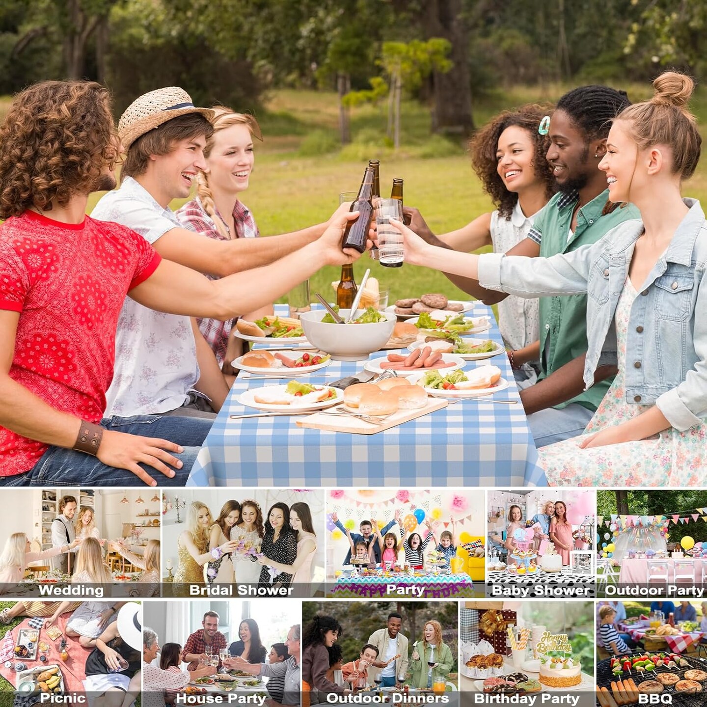 3 Pcs Light Blue Gingham Tablecloth