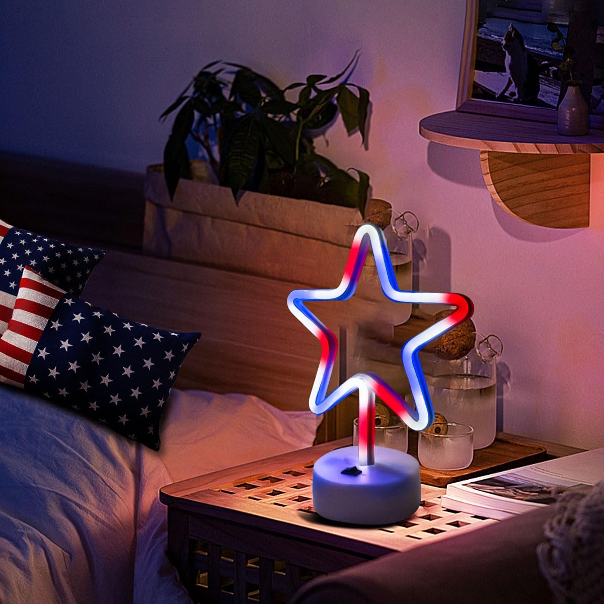 2 Pack 4th of July Decorations Patriotic Lights, LED Neon Star Signs Battery/USB Powered, Red White Blue Lights with Base for Home