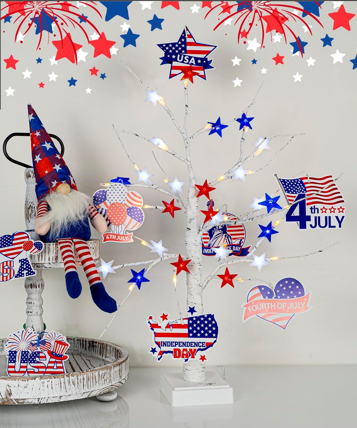 4th of July Decorations 25'' Light up Birch Tree with 24pcs Red White Blue Star Lights(48 LEDs )