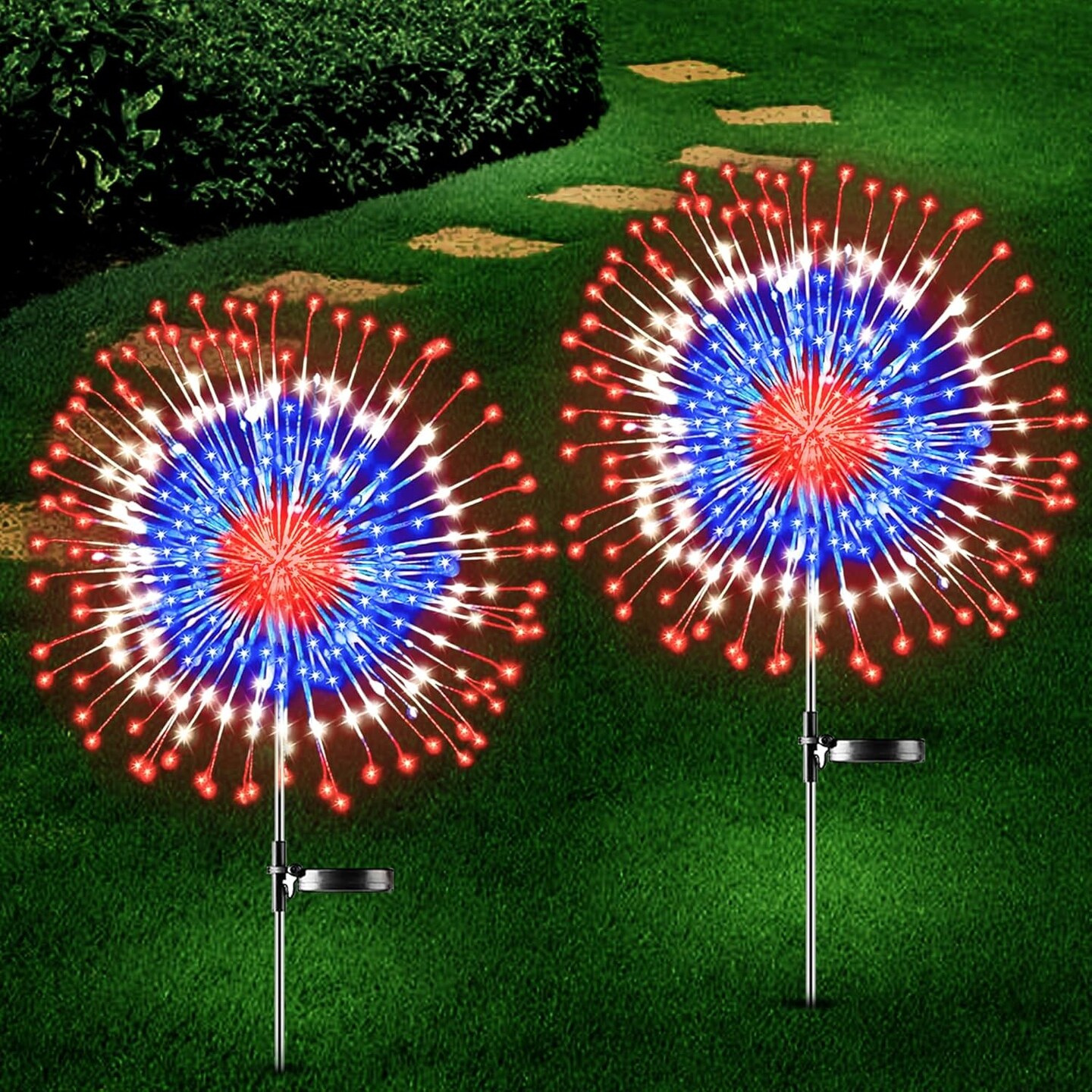 4th of July Decorations Outdoor Solar Lights, 2 Pack Fourth of July Red White and Blue Patriotic Decorations