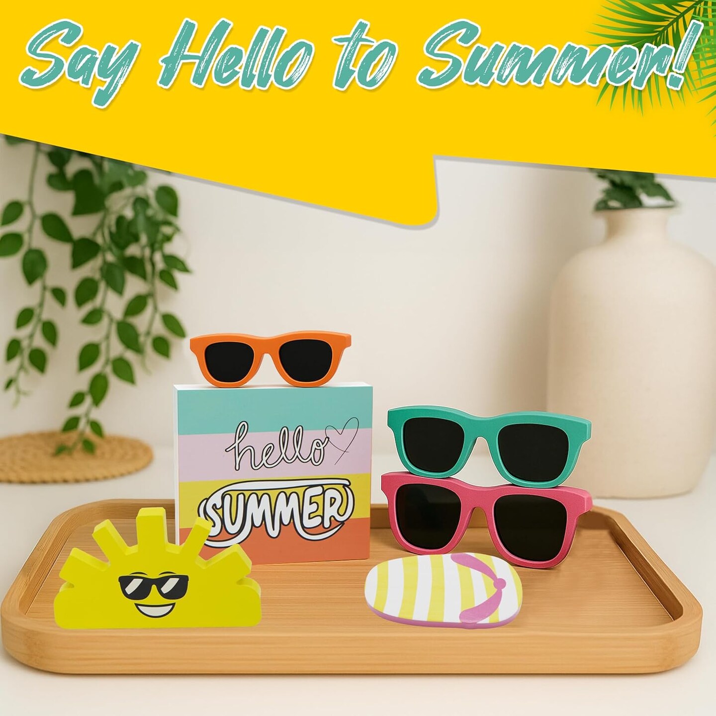 4E's Novelty 6 Pcs Summer Wooden Signs Rustic Hello Summer Wood Sign Set for Wooden Sunshine Table Decor, Mantel, or Party, Vibrant Summers Table Wood Decorations for Homeowners, Event Hosts
