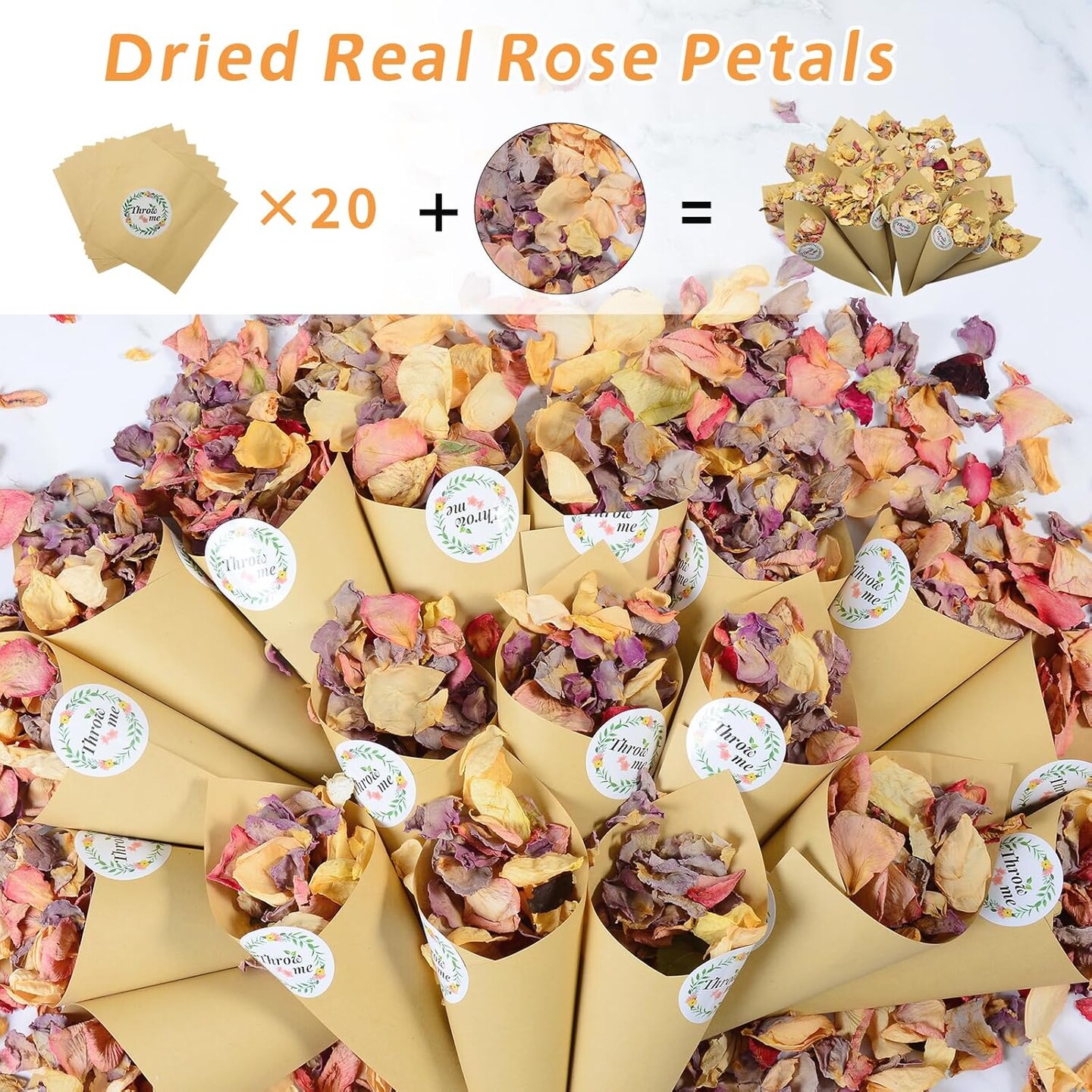 20+ Cups Real Rose Petals Biodegradable Wedding Flower Confetti, 2 QT Mixed Yellow Purple Pink Dried Roses Petals for Wedding