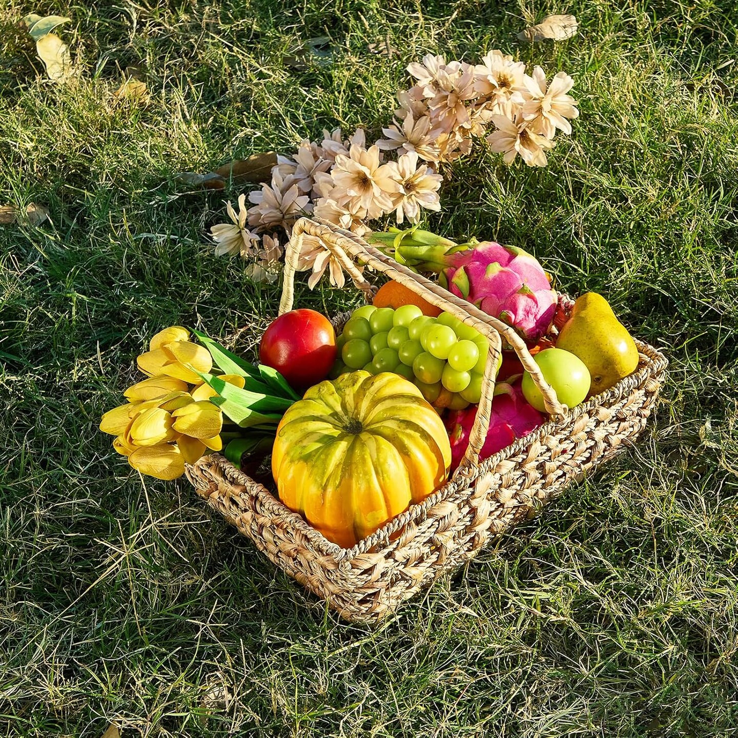 Wicker Picnic Basket with Handles, Wicker Baskets with Wooden Base for Picnic, Camping & Storage Basket