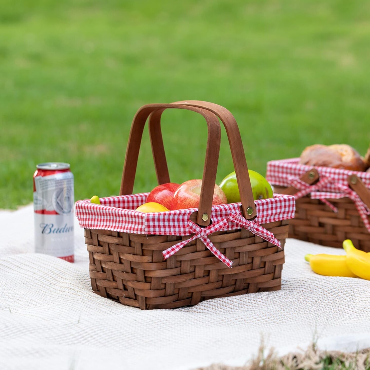 Small Rectangular Woodchip Picnic Baskets with Double Folding Handles, Natural Hand-Woven Basket Lined with Gingham Red and White Lining Great for Gifts