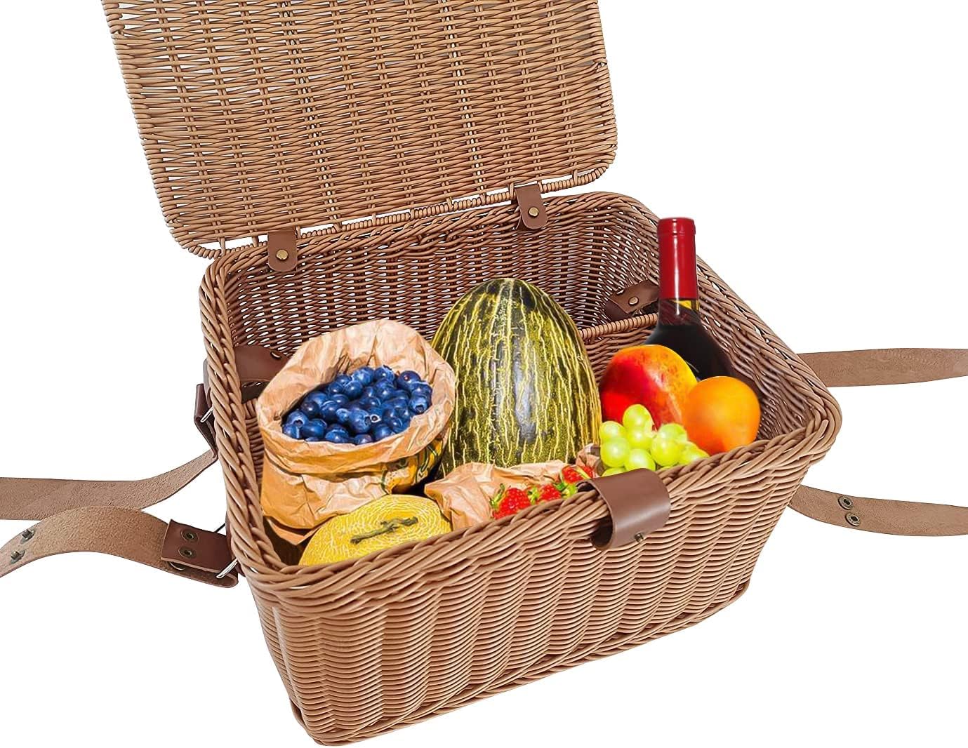 Wicker Picnic Basket for Picnics, Parties and BBQs, Hand Woven Polypropylene Fibers That Will Last with Leather Straps