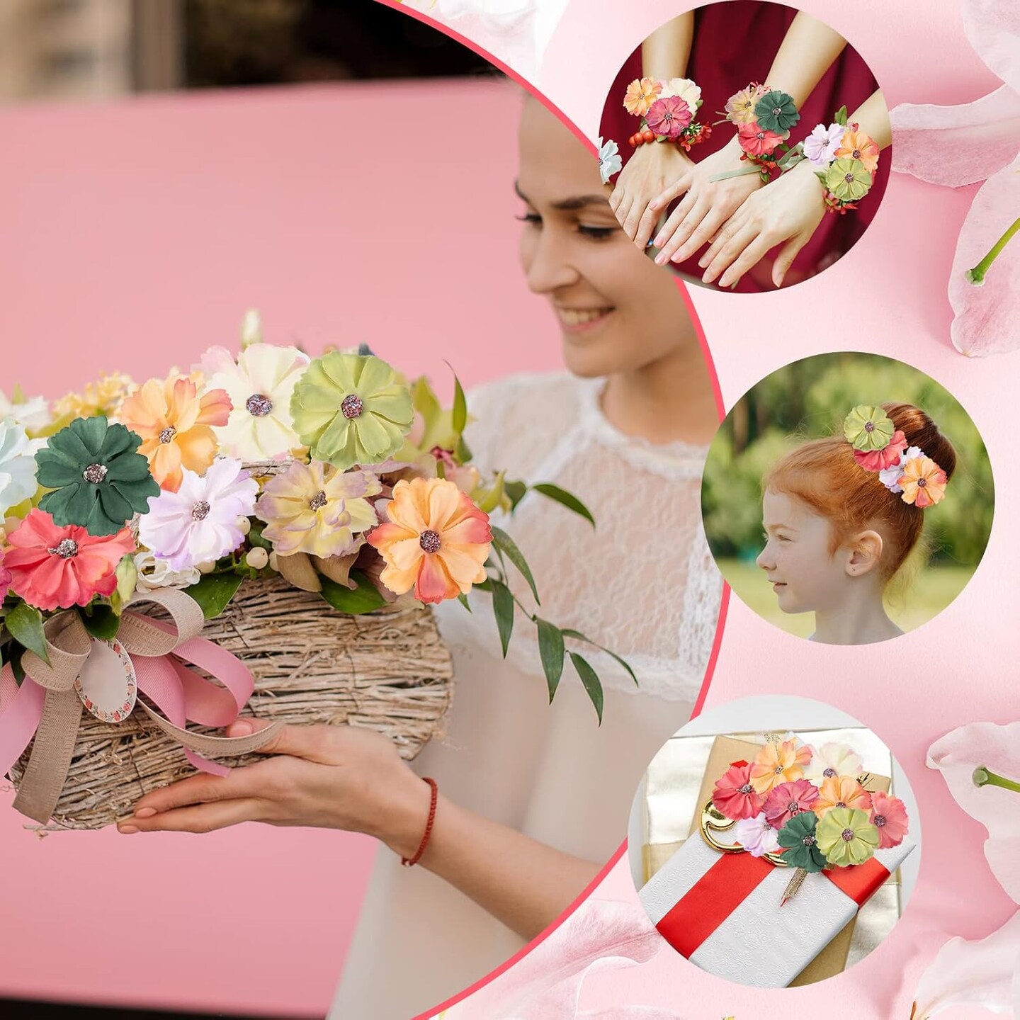 120 Pcs Faux Flowers Heads for Crafts Artificial Small Silk Daisy Flowers Embellishments 1.5 Inch Mini Assorted Faux Daisy Bulk DIY Wreath for DIY Holiday Wedding Party Home Garden