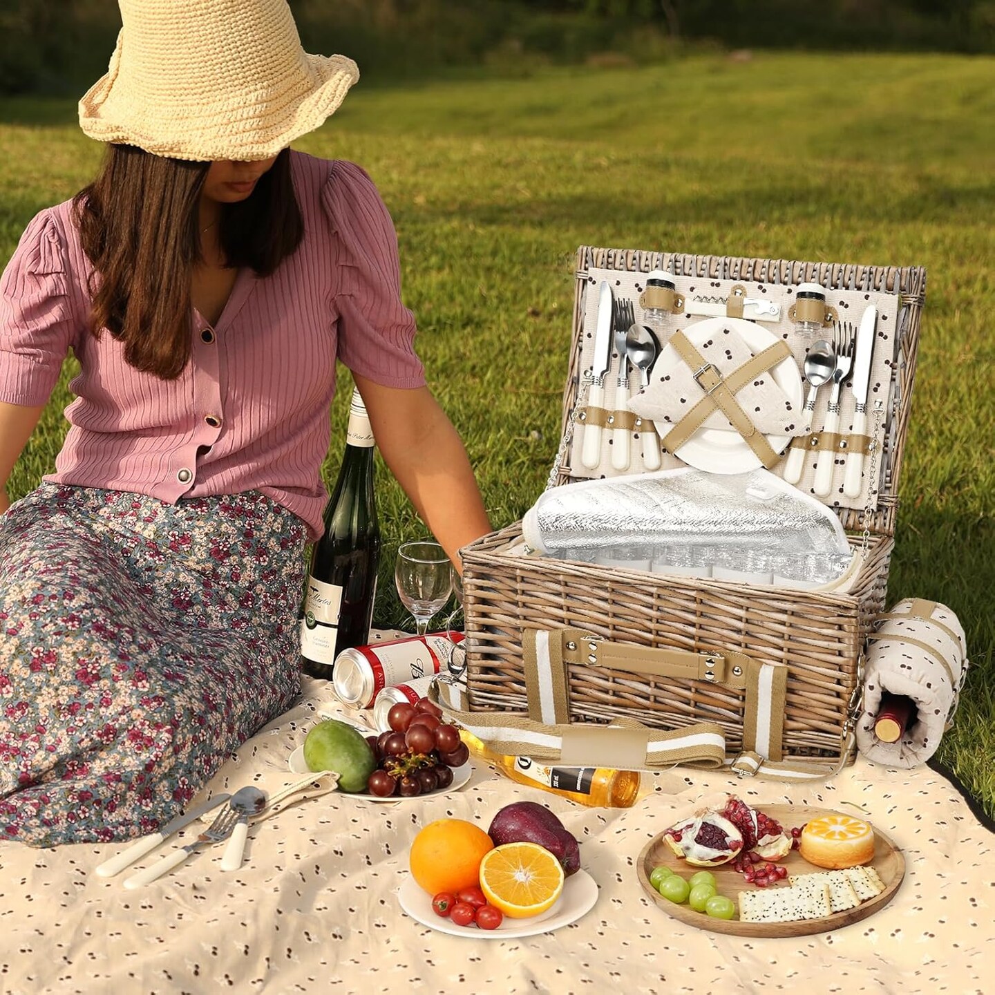 31Pcs Picnic Basket for 4 -Wicker Picnic Set with Waterproof Blanket & Wine Bag| Large Picnic Hamper with Insulated Cooler & Cutlery Kit for Couples Camping,Brown Flower,16x12x7.5inch