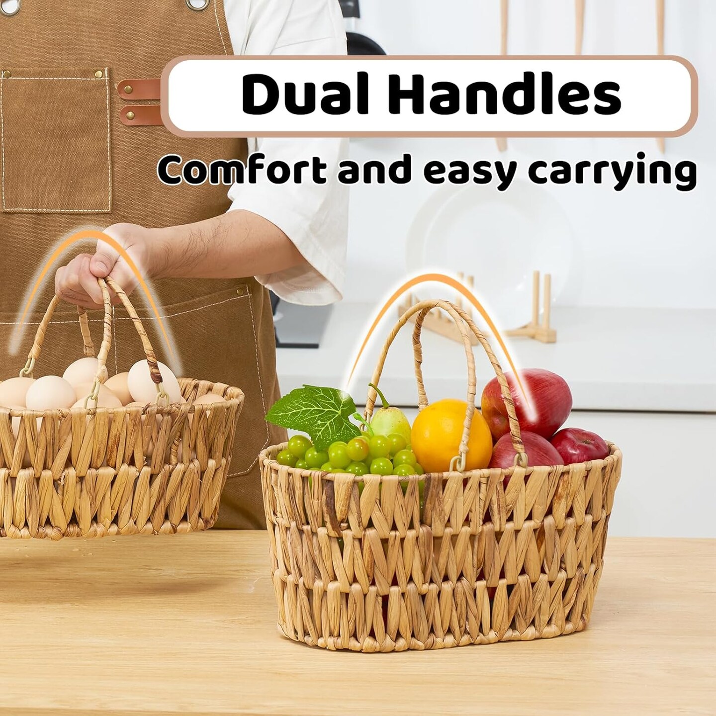 Picnic Basket for 2 Pack, Natural Nesting Wicker Picnic Basket with Handle, Hand-Woven Water Hyacinth Storage Basket for Camping & Outdoor Use