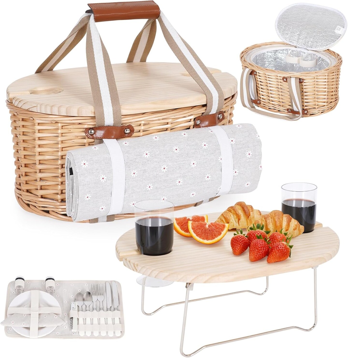 Picnic Basket Set for 2 - Wicker Insulated Picnic Basket with Waterproof Blanket, Folding Wine Picnic Table &#x26; Cutlery Kits, Picnic Baskets Kit for Camping, Outdoor, Valentine (White Flower)