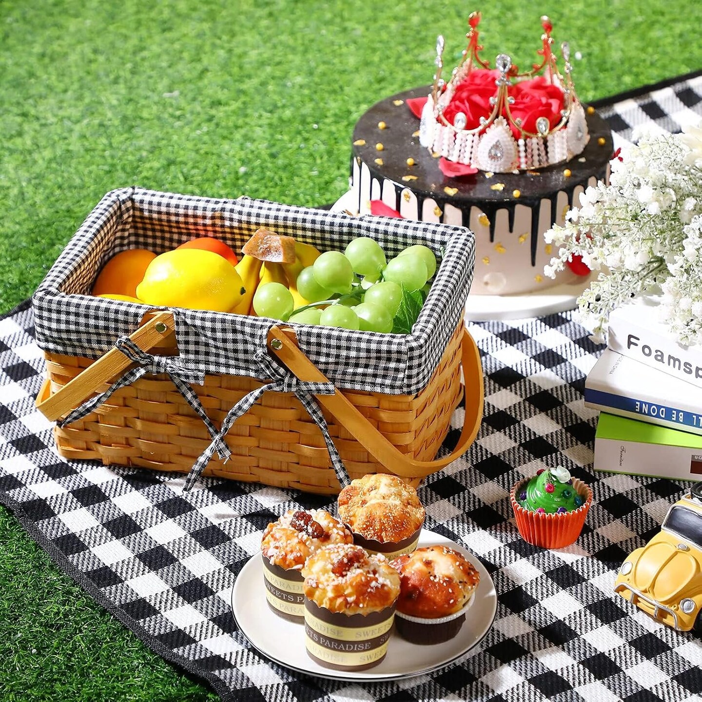 Picnic Basket Natural Woven Woodchip Basket with Double Folding Handles, Picnic Blanket Easter Basket for Easter Egg Candy Storage Spring Summer Camp(Black and White Grid)