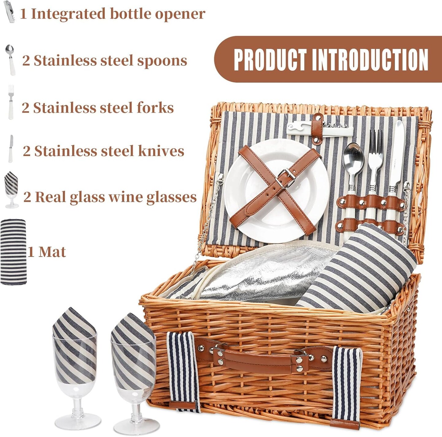Wicker Picnic Basket for 2, Willow Hamper Basket with Large Insulated Cooler Compartment, Picnic Sets with Waterproof Picnic Blanket, Picnic Basket with 2 Person Kit for Camping, Hiking(Grey)