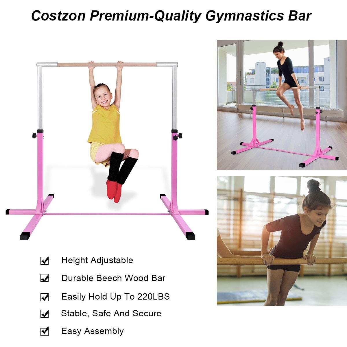 Kids Gymnastics Training Bar Adjustable Height Steel Wood 36-59 Inch