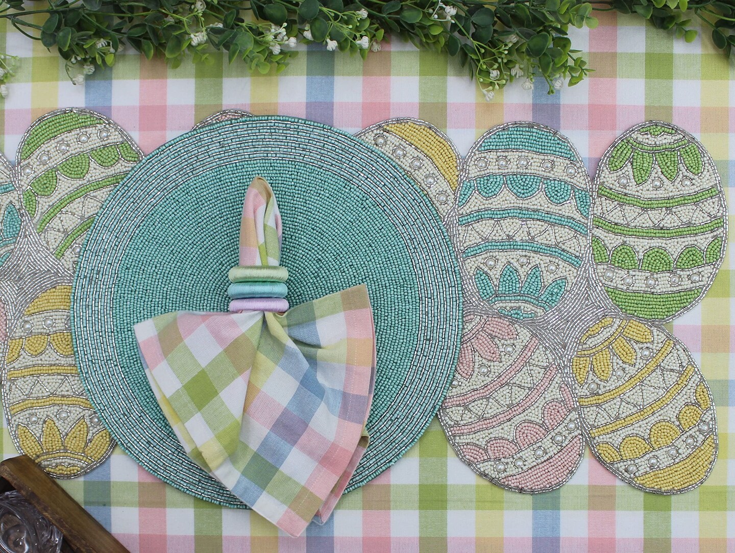 Happy Hunting Handmade Beaded Table Runner - Spring Easter Eggs Bunny Rabbit - Luncheon Dinner Celebration Festive Party Tabletop Décor Tablerunner - 13x36 - Aqua Multi