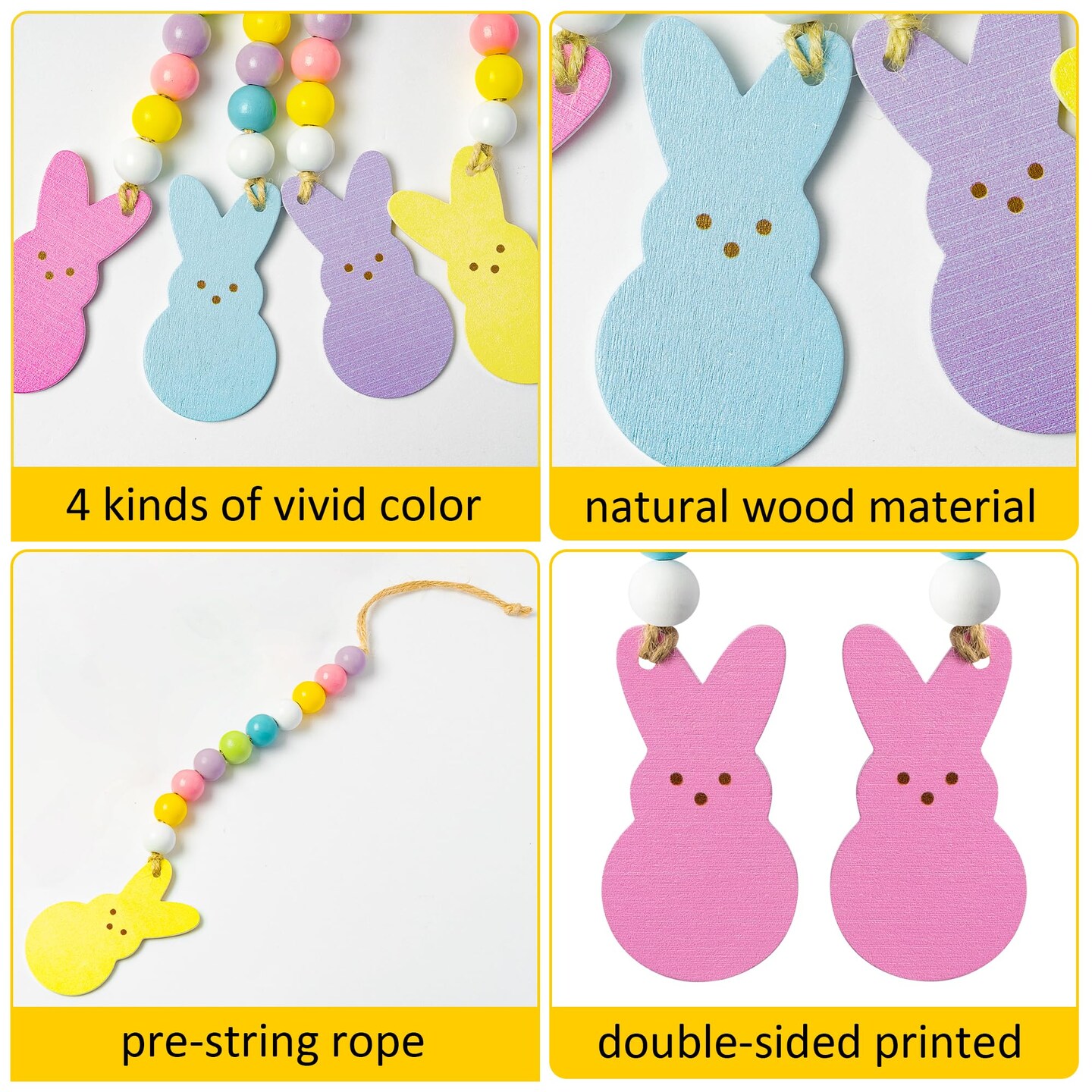 8pcs Easter Wood Bead Garland with Tassels, Peeps Bunny Wooden Hanging Ornament Decoration, Double-Sided Colorful Rabbit Pendant Hang Decor with Rope for Easter Spring Holiday Party Tree Wall