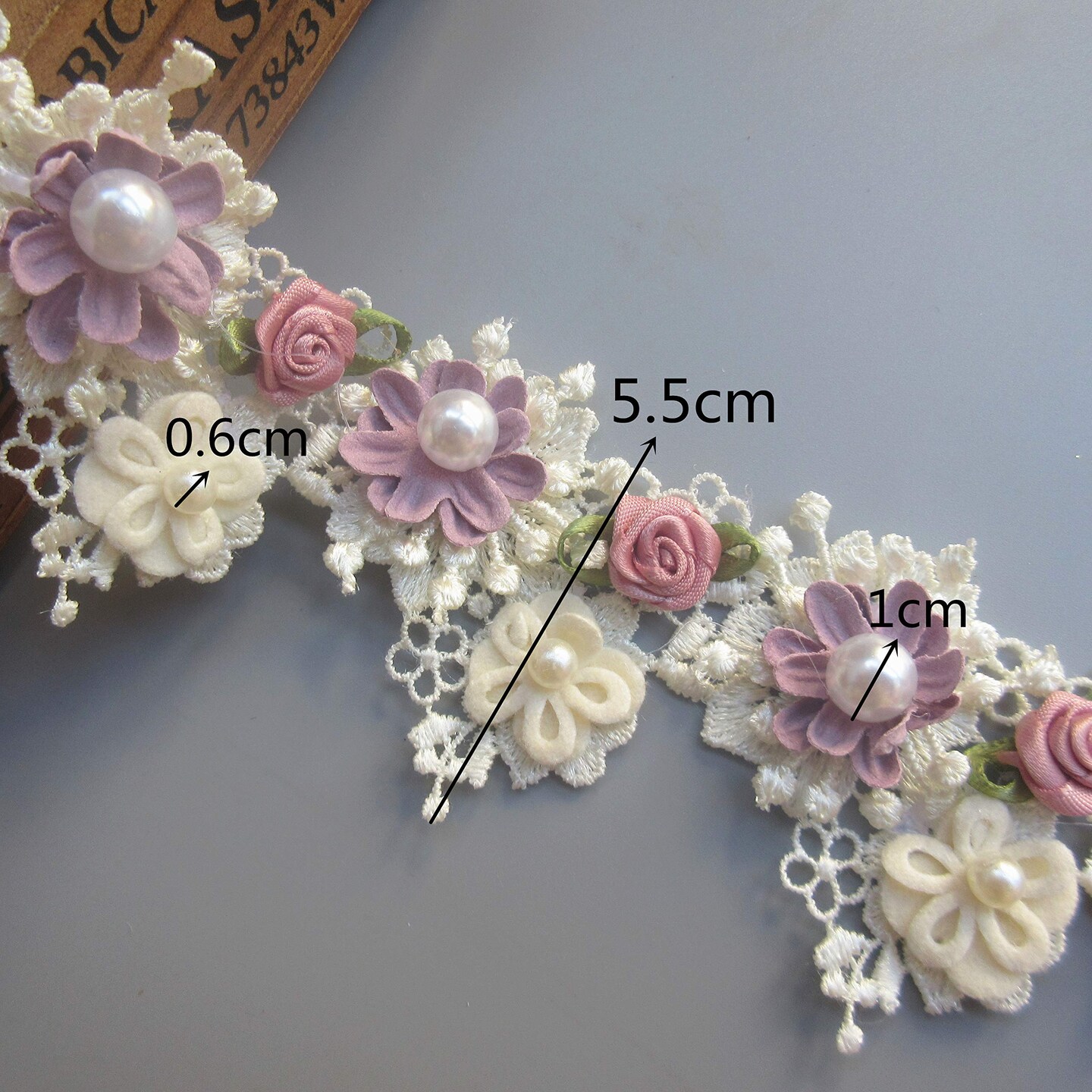 1 Yard Elegant Vintage Style Apricot Polyester Lace Flower Pearl Beads Ribbon Trim in 5.5 cm Width for Wedding Decoration