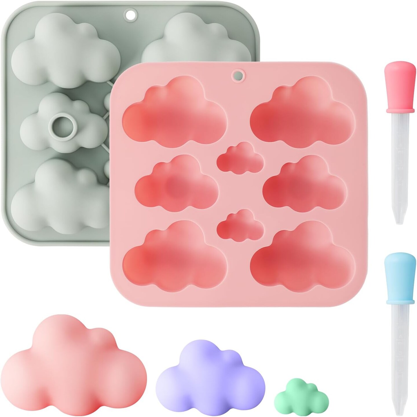 2-Pack 3D Cloud Silicone Molds with Droppers – 8-Cavity Cute Cloud Baking Mold for Chocolate, Candy, Mousse, Ice Cubes & DIY Desserts (Pink/Gray)