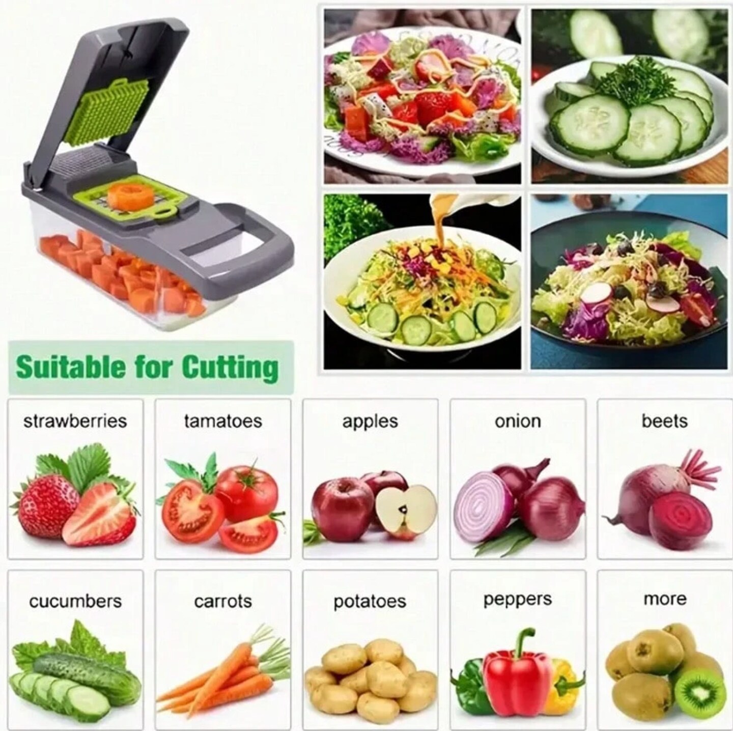 16-in-1 Vegetable Chopper & Spiralizer with Container – Fruit & Veg Slicer Kitchen Gadgets for Quick Meal Prep (White)