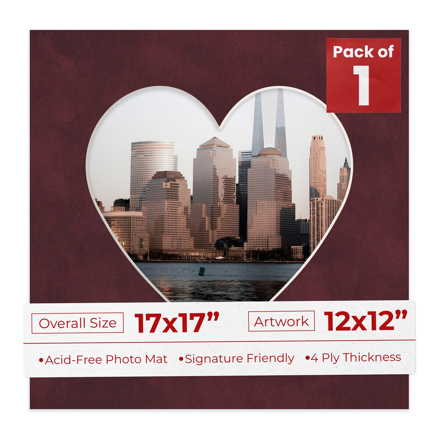 Dark Red Suede Mat Board for 17x17 Frames - Heart Opening for 12x12 Photos