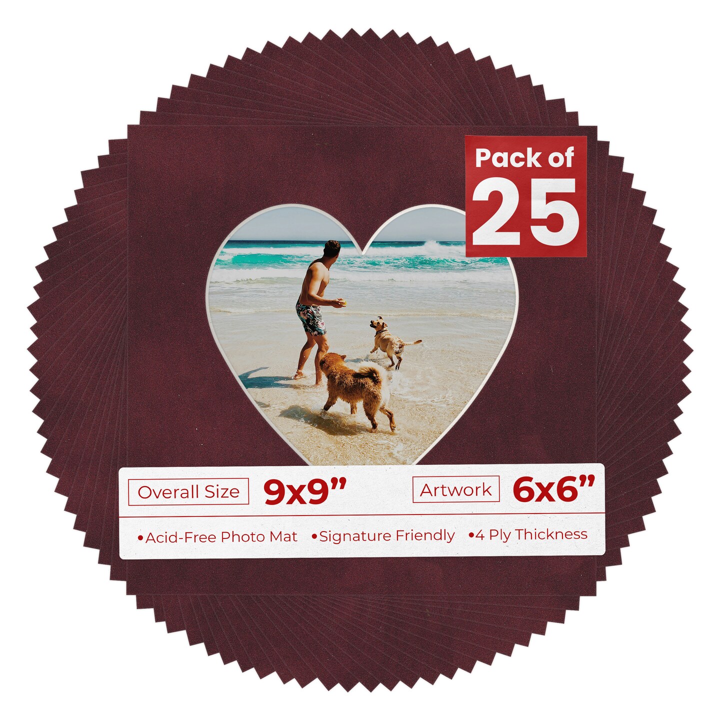 Dark Red Suede Mat Board for 9x9 Frames - Heart Opening for 6x6 Photos