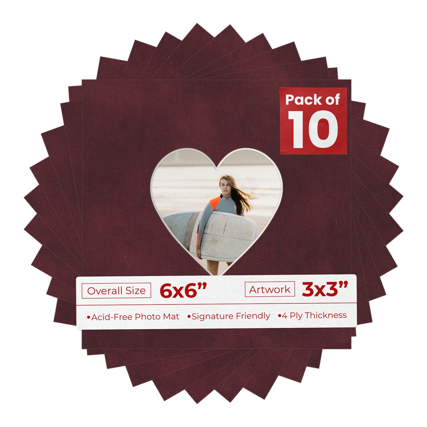 Dark Red Suede Mat Board for 6x6 Frames - Heart Opening for 3x3 Photos