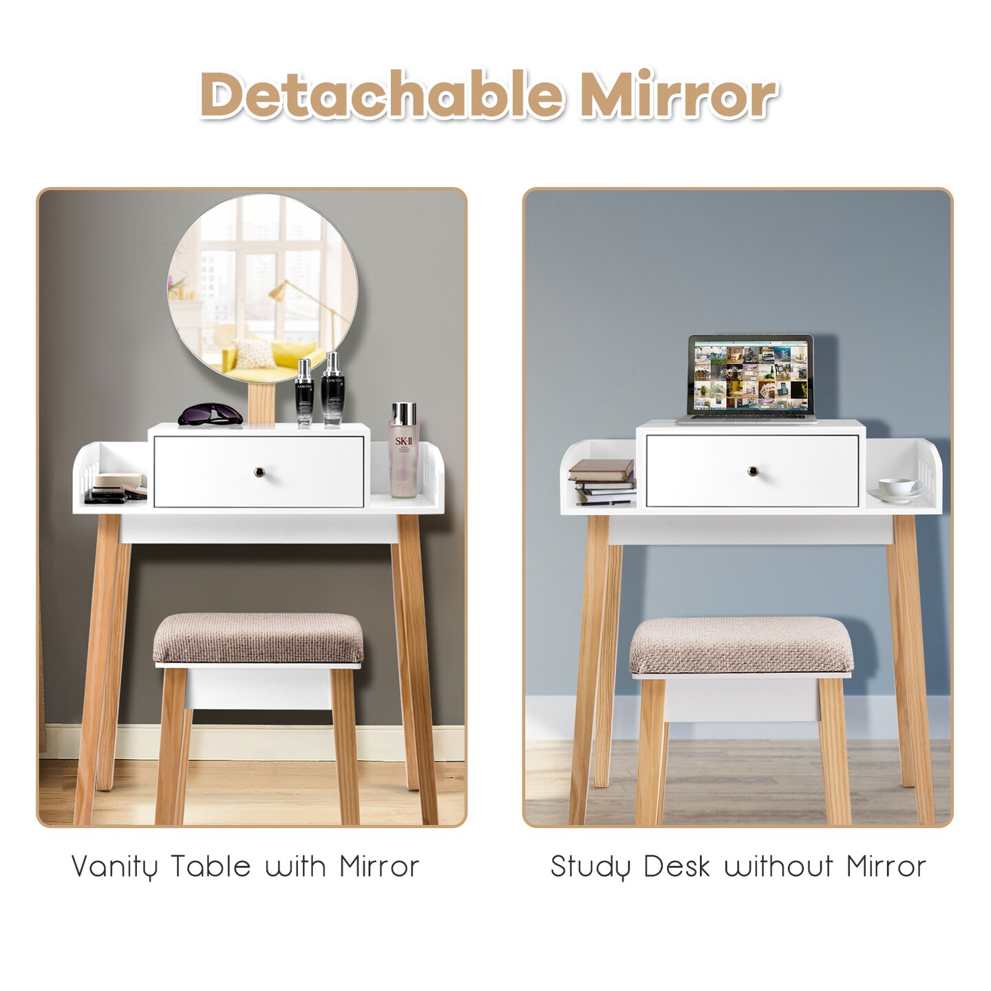 Wooden Makeup Vanity Table Set with Adjustable Mirror and Storage Drawer