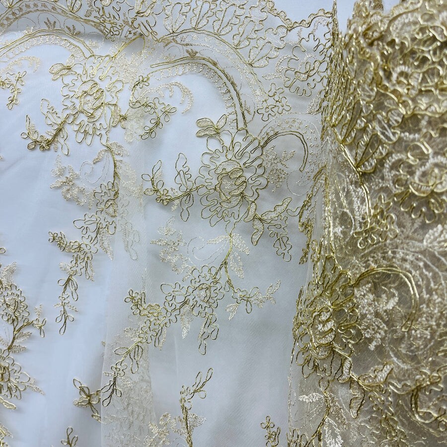 1 Yard - Corded Bridal Lace Fabric Embroidered on 100% Polyester Net Mesh Ivory 51" Wide