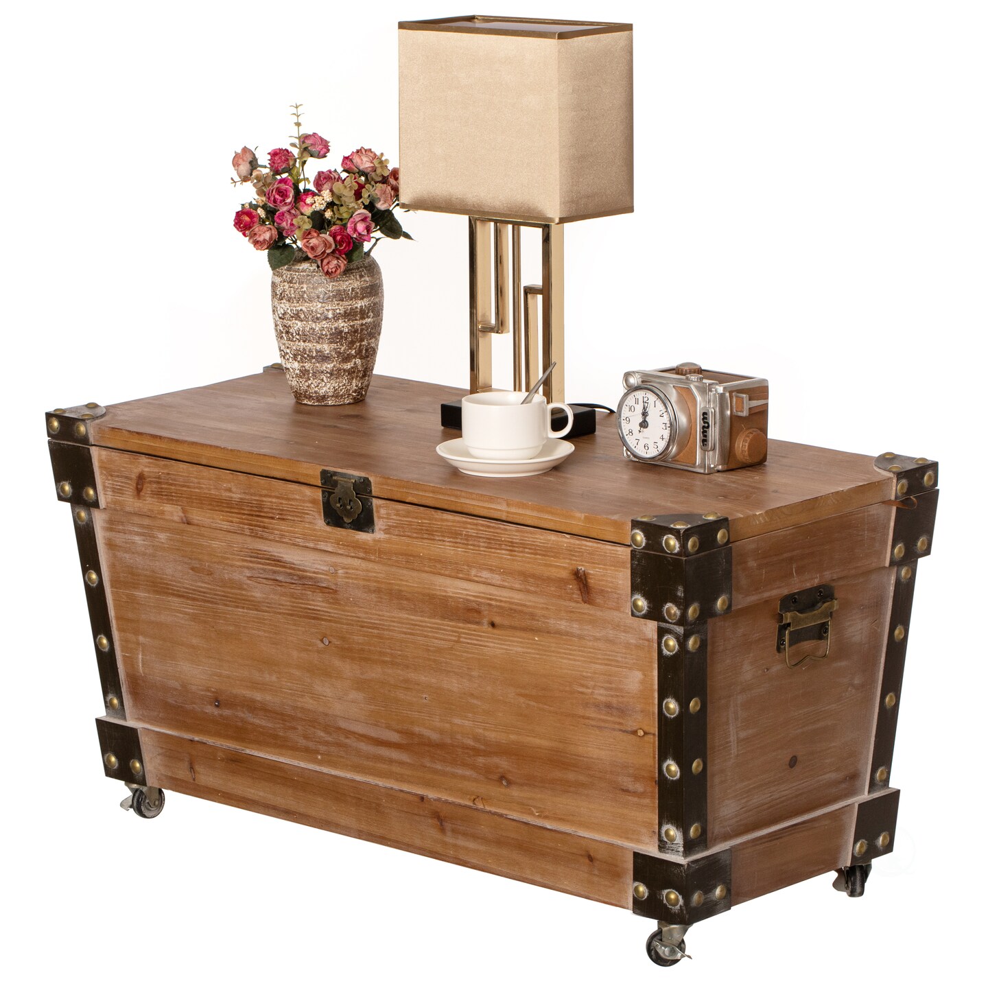 Vintiquewise Wooden Storage Trunk Bench with Wheels and Black Metal Accents Blanket & Linen Chest Decorative Organizer Entryway Seating Shoe Station or Bedroom Use for Pillows Throws & Extra Beddings