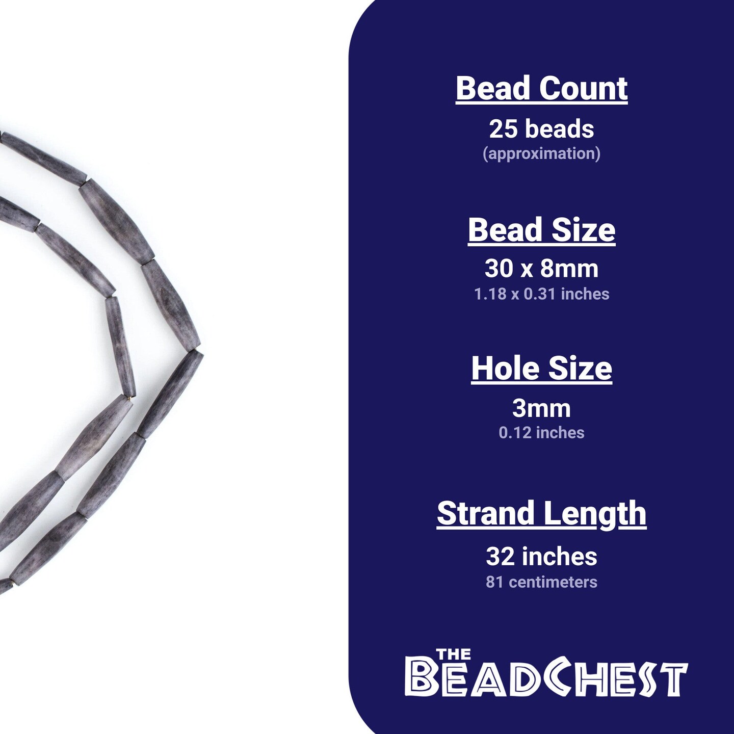 The Bead Chest Dark Grey Kenya Bone Beads Elongated 8mm African Tube Large Hole 32 Inch Strand Handmade