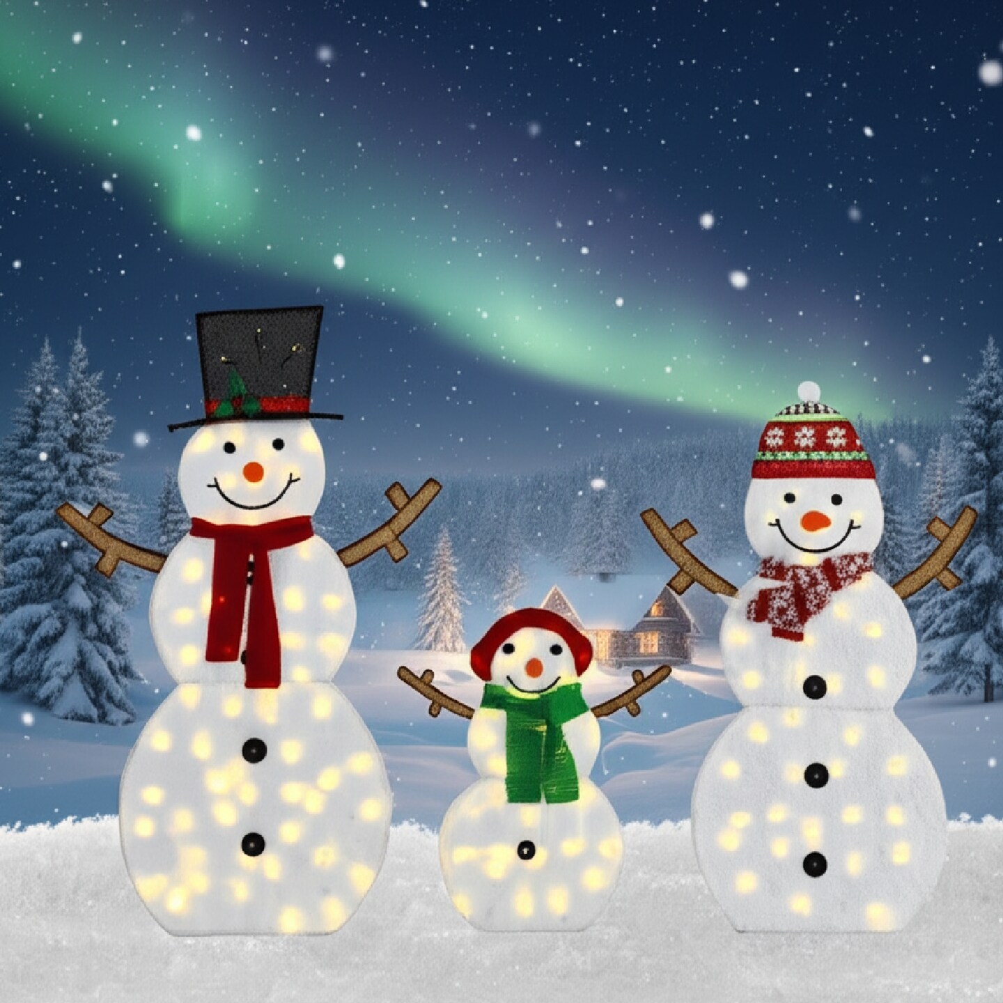 Festive 2D Snowman Christmas Lights Set of 3 Figures 48&#x22;, 42&#x22; and 24&#x22; Holiday Yard Decorations