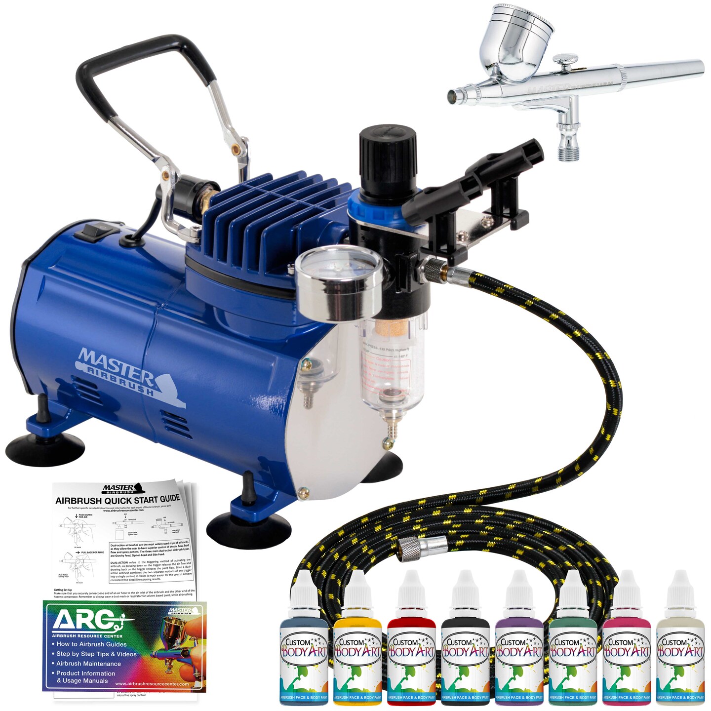 Face &#x26; Body Art Airbrush Kit with G22 Airbrush, Single-Piston Airbrush Air Compressor, Air Hose &#x26; 8 Custom Body Art Water Based Face Paint Colors