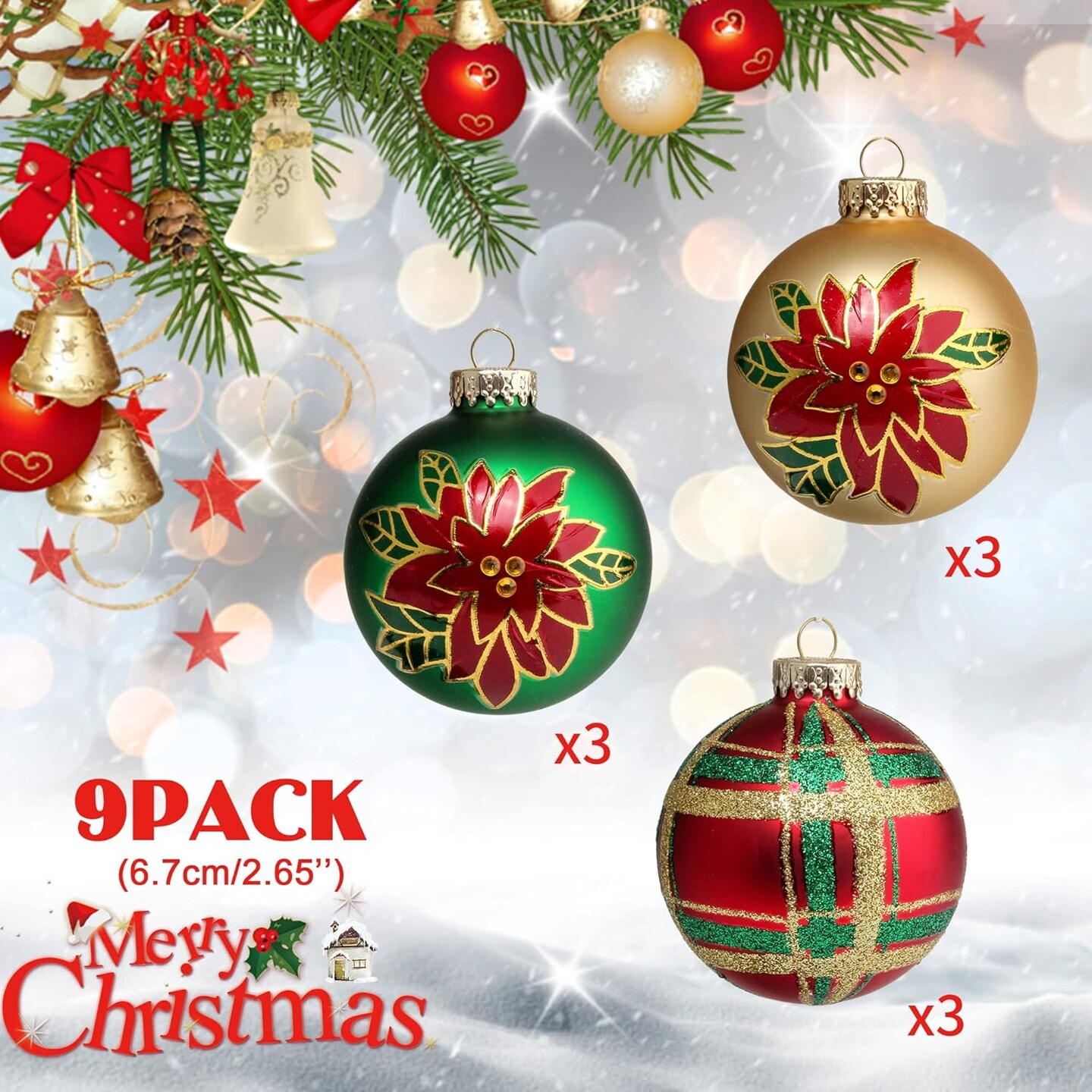 Christmas Colorful Glass Balls Decoration 9pc 2.65in (Red Gold Green Floral)