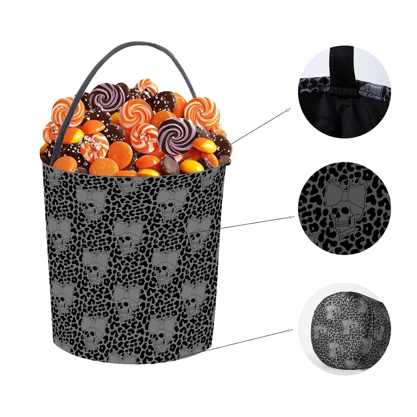 Trick Or Treat Bucket - Collapsible Reusable Skull (Black) - 9.2"L x 9.2"W x 9.5"H