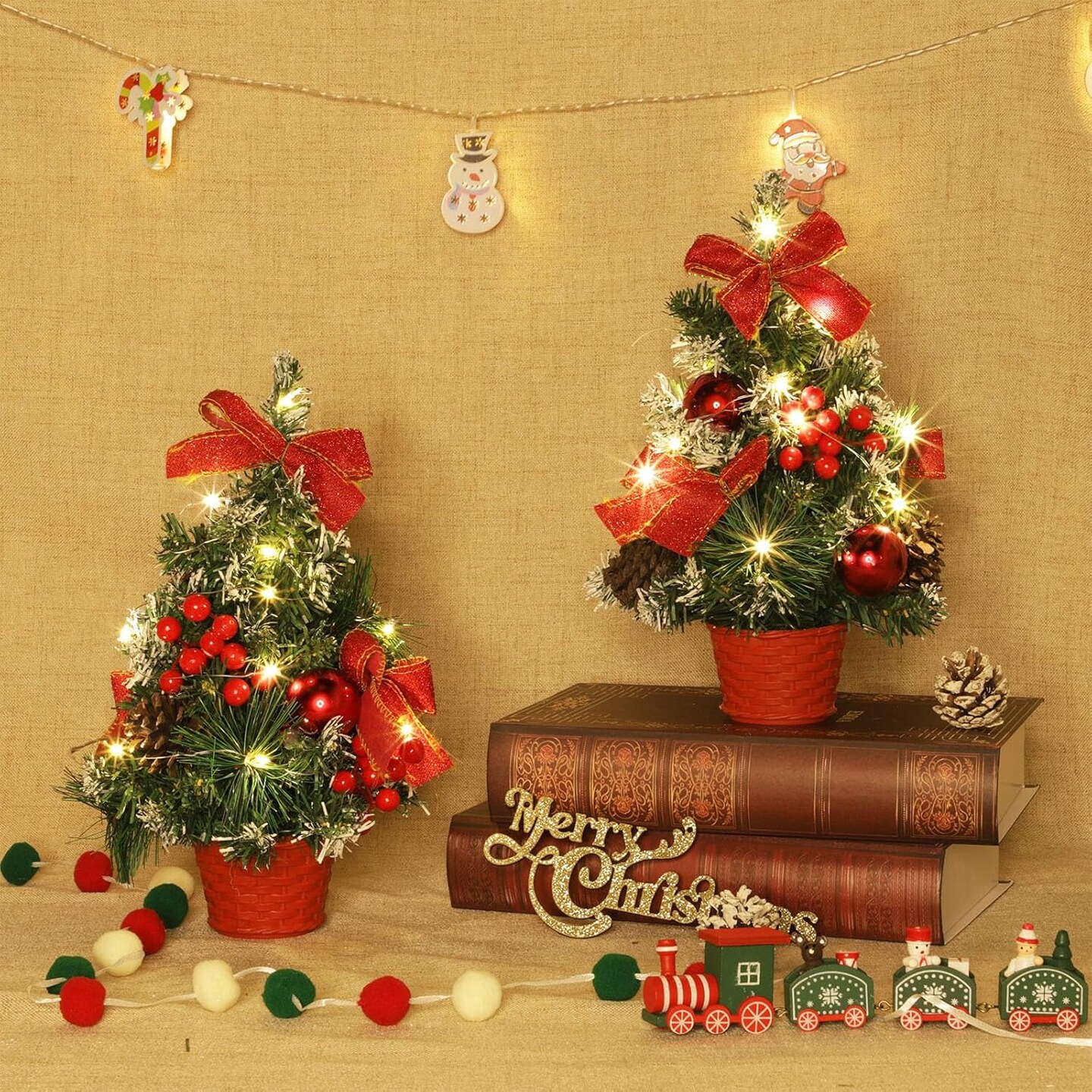 4 Pack 12 Inch Mini Christmas Trees with Lights Table Top (Green and Red) 6.3&#x22;D x 6.3&#x22;W x 12&#x22;H