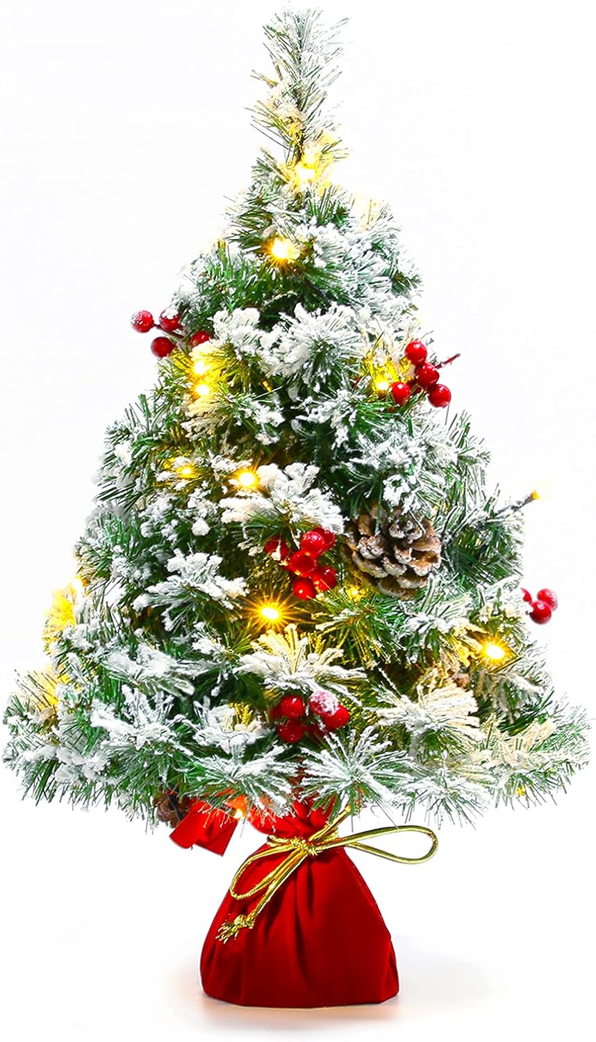 Mini Christmas Pine Tree Indoor Tabletop (	White,red) 13.78"D x 13.78"W x 21.65"H