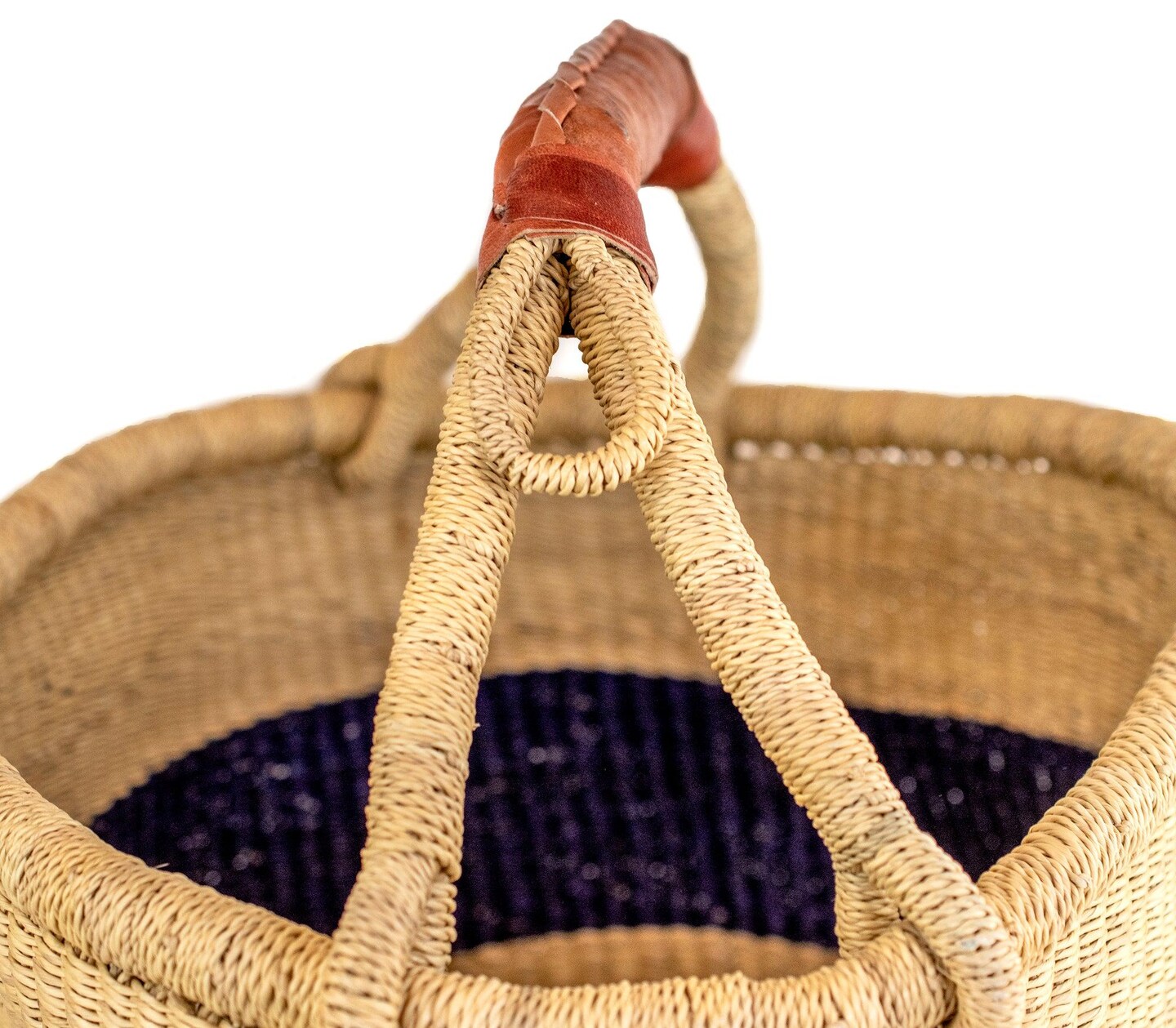 African Bolga Basket | Genuine Leather Handle | Woven Handmade Fair Trade Product | 100% Authentic Ghanaian | 16-18 Inches Across | Indigo Blue - Striped | The Bead Chest