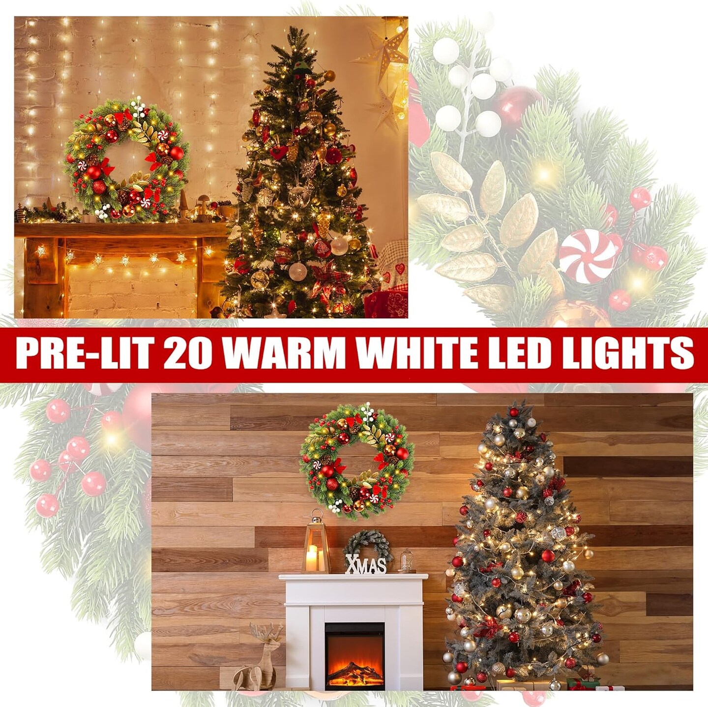 17 Inch Artificial Christmas Wreath for Front Door with 20 LED Lights (Green) 11.8&#x22;D x 7.8&#x22;W x 0.3&#x22;H