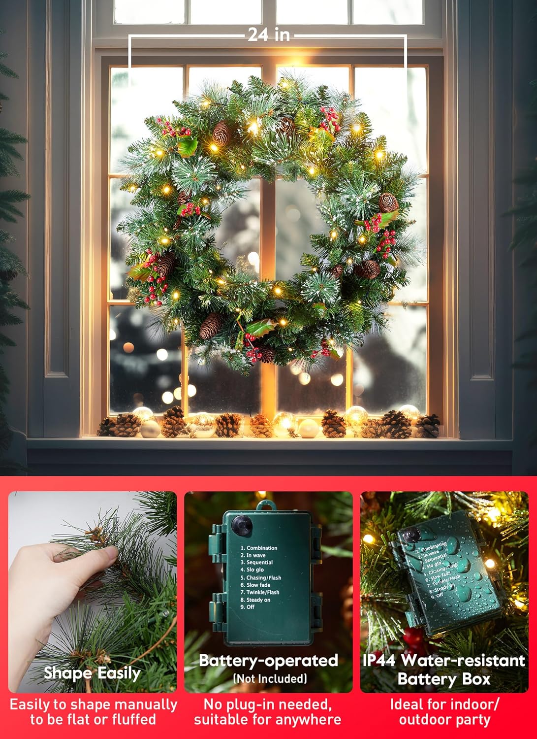 50 LED Christmas Wreaths with Pinecones (Green) 6&#x22;D x 24&#x22;W x 24&#x22;H