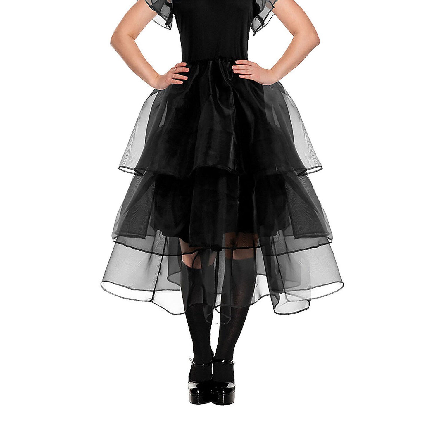 Elegant Womens Gothic Prom Dress with Layered Sheer Skirt and Ruffled Sleeves