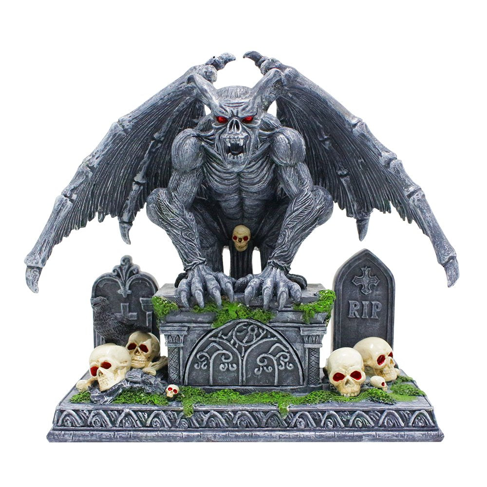 Grave Guardian Gargoyle Figurine, 7&#x22; Solar Powered Gothic Halloween Garden Statue
