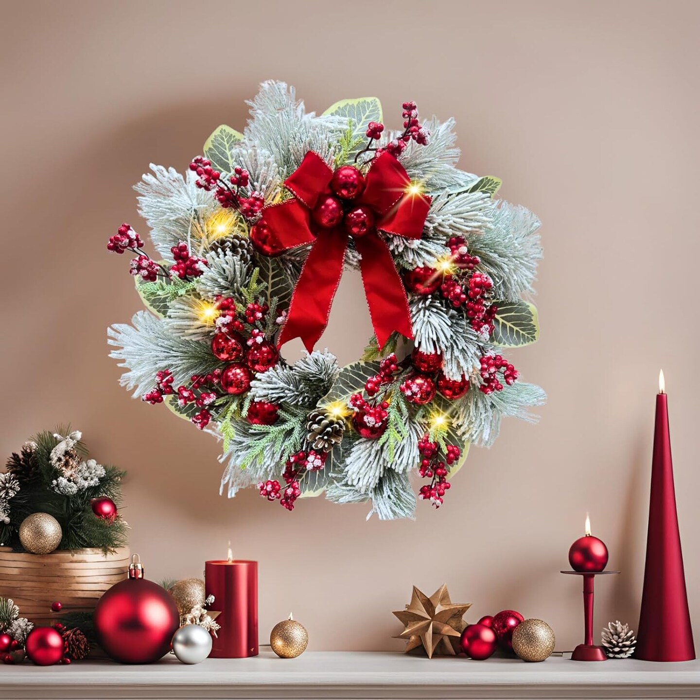 22 Inch Lighted Snow Flocked Christmas Wreath (Green/Red) 6"D x 22"W x 22"H