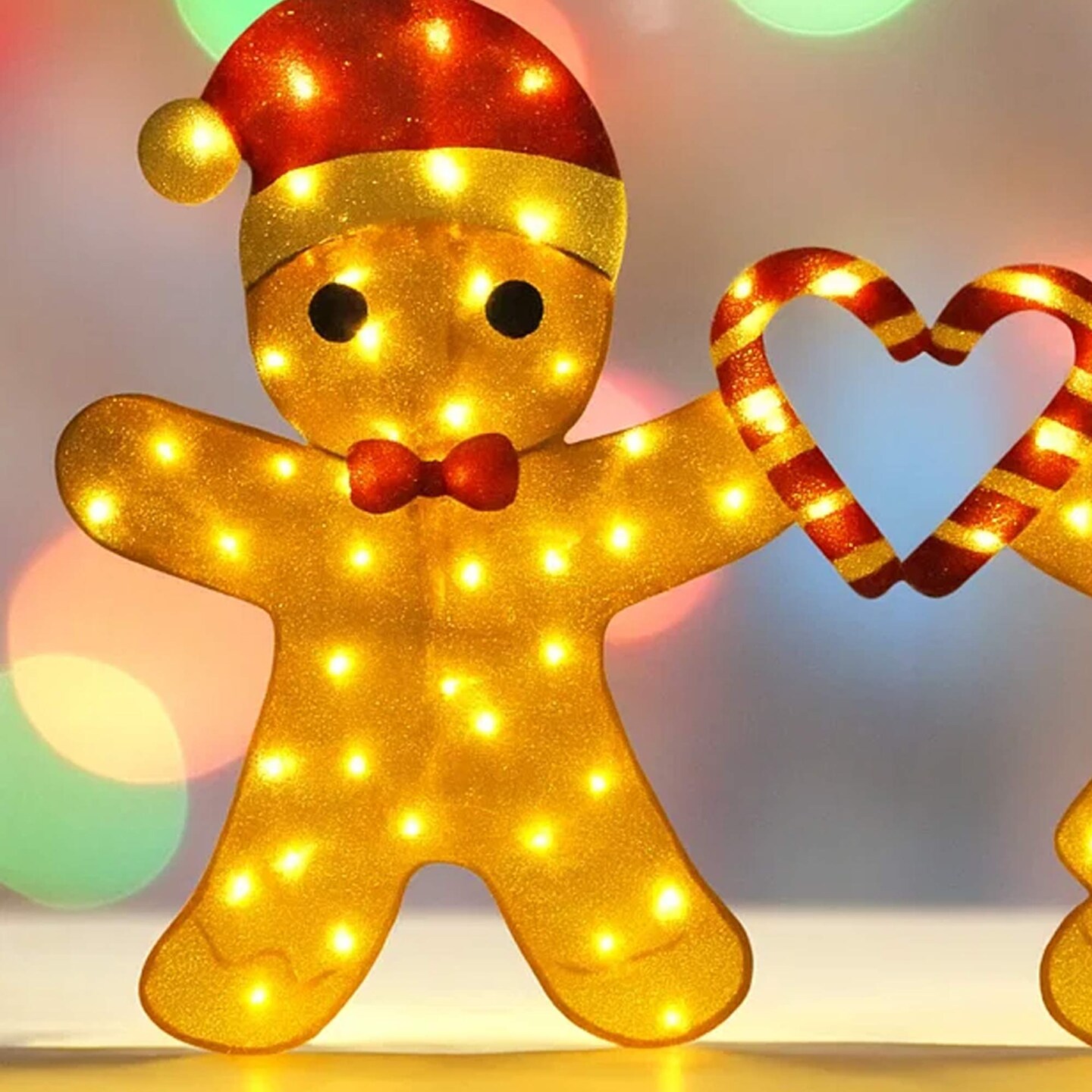 Delightful Light Up Gingerbread Man Couple with Heart-Shaped Candy Cane 32&#x22;H