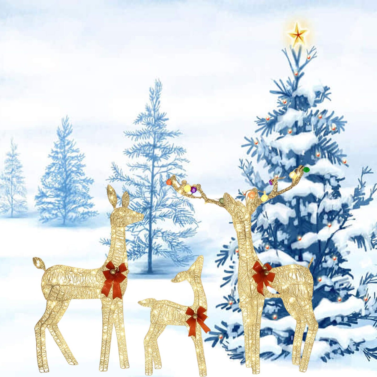 Christmas Yard Reindeer Set with Prelit Iridescent PVC Body Design 52&#x22;+46&#x22;+29&#x22;