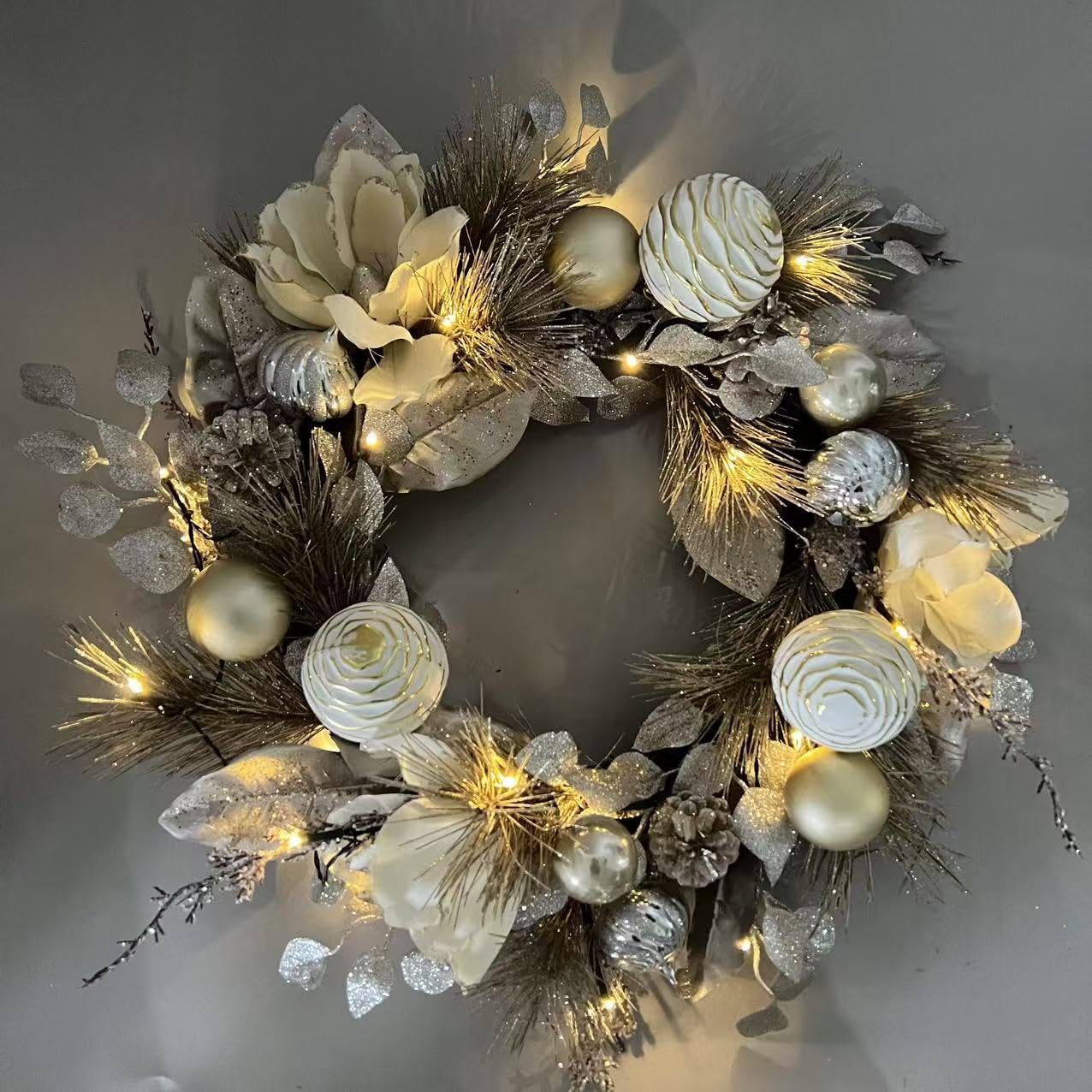 Pre-Lit Large Lighted Christmas Wreath for Front Door (White,Gold) 4"D x 24"W x 24"H