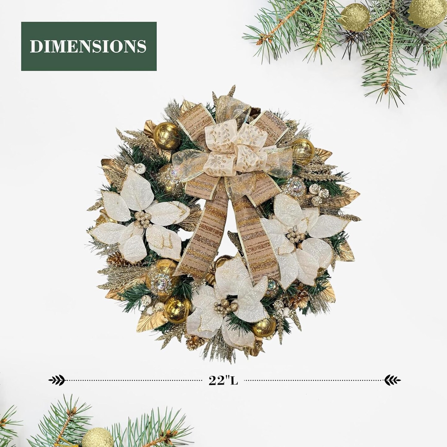 White Gold Poinsettia Wreath - 22" Handcrafted Elegant Christmas Décor