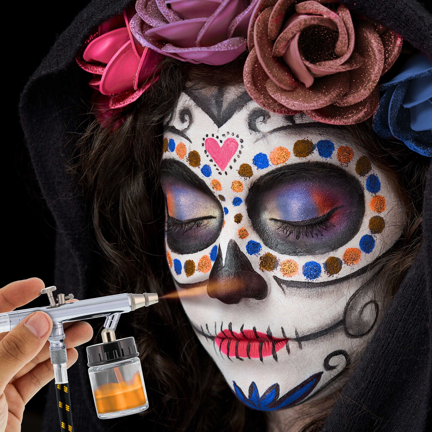 Face &#x26; Body Art Airbrush Kit with G22 Airbrush, Single-Piston Airbrush Air Compressor, Air Hose &#x26; 8 Custom Body Art Water Based Face Paint Colors