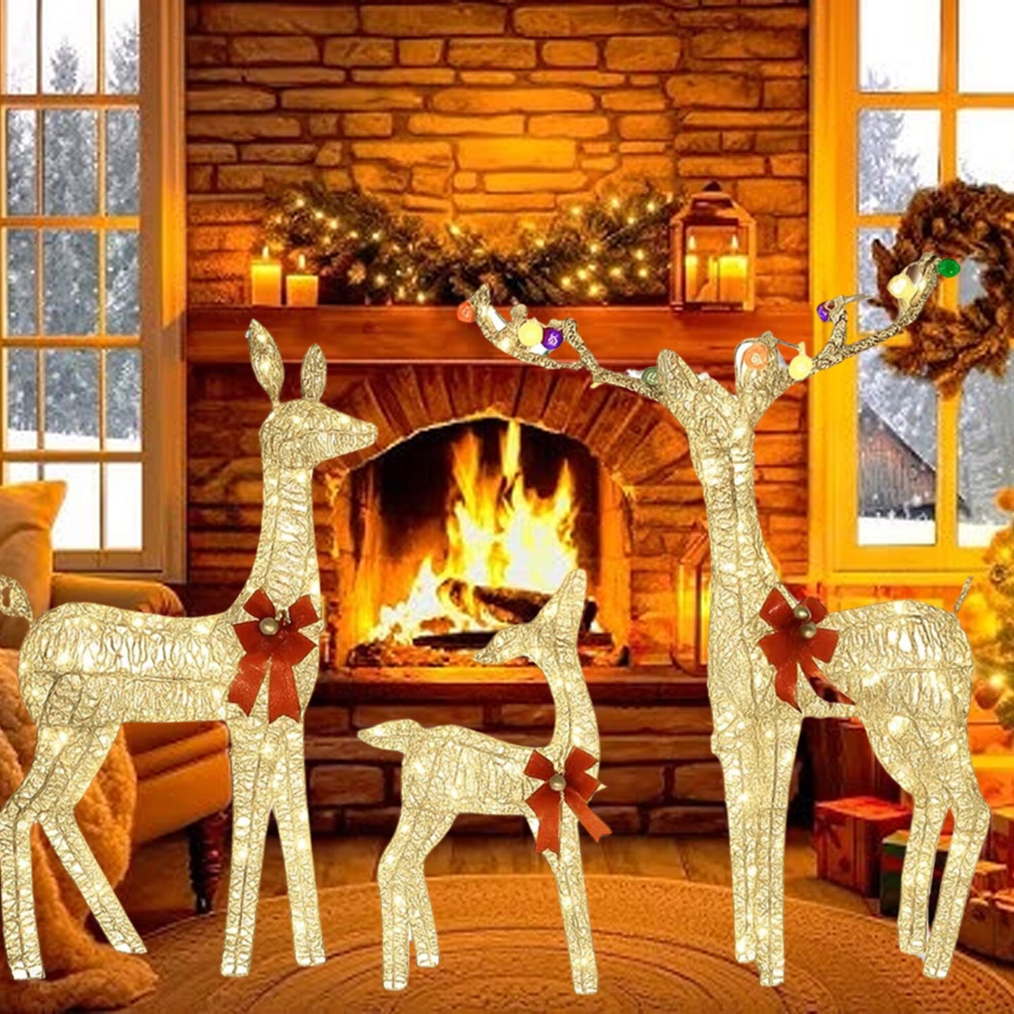 Seasonal Lighted Reindeer Family with Shimmering Iridescent Finish 52"+46"+29"